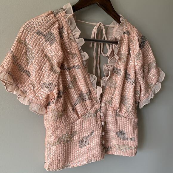 ANTHROPOLOGIE X FOREVER THAT GIRL SEQUINED V NECK SHORT SLEEVE BLOUSE XS - Picture 3 of 6
